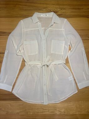 Sugarmint Off-White Sheer Tie-Waist Button-Down Shirt